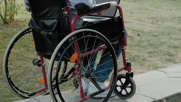 Een gehandicapte man in een rolstoel zit en werken op een laptop in het park — Stockvideo
