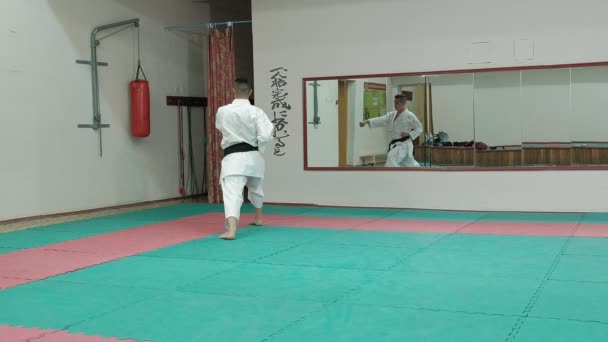 Joven con cuerpo musculoso, entrenamiento de artes marciales Goju-Ryu Karate-Do — Vídeos de Stock