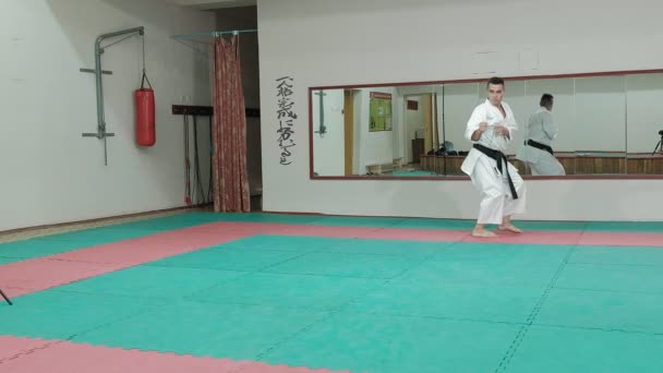 Mladý muž s svalnaté tělo, výcvik bojových umění Goju-Ryu Karate-Do — Stock video