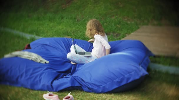 Jonge vrouw maakt gebruik van een laptop, liggend in een lounge van het park op zachte soezen — Stockvideo