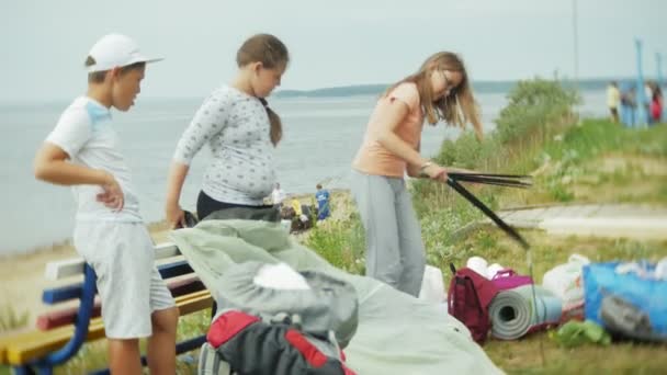 Сім'я робить кемпінг в лісі, збирає намет — стокове відео