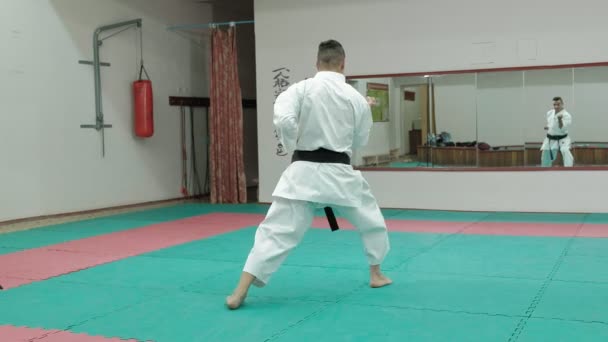 Mladý muž s svalnaté tělo, výcvik bojových umění Goju-Ryu Karate-Do — Stock video