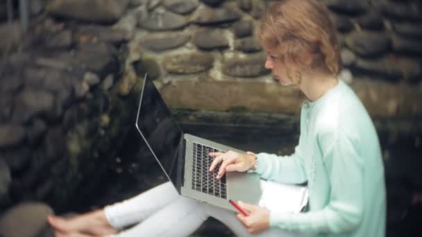 Bir dizüstü bilgisayar ve belgeleri taşlı duvar arka plan üzerinde olan kadın. İçki ve İçecek şarap cam — Stok video