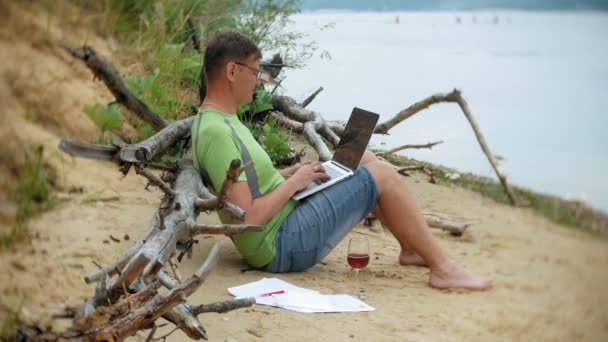 Drukke volwassen man aan het werk op een laptopcomputer met handelspapieren oppakken van een telefoon om te werken een oproep zittend op het strand aan zee op een zonnige dag en drinken wijn uit een glas — Stockvideo