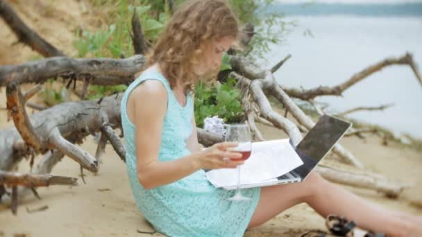 Bir telefon bir güneşli gün ve içme şarap cam sahilde denizin kenarında oturan bir çağrı için malzeme çekme iş kağıtları ile bir dizüstü bilgisayarda çalışan meşgul güzel genç kadın — Stok video