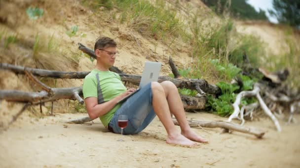 忙碌的成熟男人在一台笔记本电脑上工作, 拿起电话, 在阳光明媚的日子坐在海边的海滩上, 喝着酒杯里的酒。 — 图库视频影像
