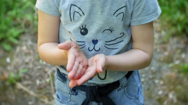 Glückliches Mädchen spielt mit hellen Marienkäfer sitzt auf Finger im Freien, Nahaufnahme — Stockvideo