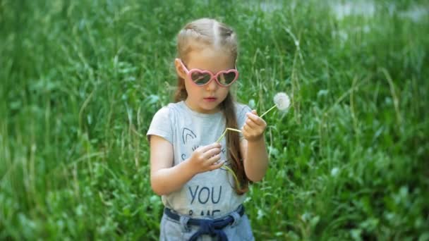 Крупным планом Счастливая маленькая девочка с одуванчиком в парке — стоковое видео
