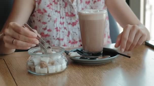 Menina feliz beber café e relaxar no café, sorrindo e olhando para o smartphone — Vídeo de Stock