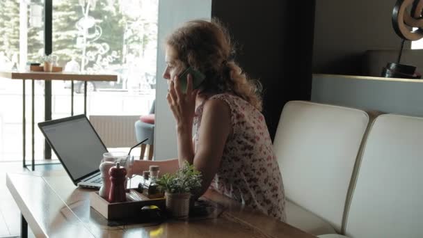 Jovem mulher de negócios senta-se em uma mesa em um restaurante. Ela carregava um laptop com acesso à Internet, verifica o correio e bebe café. Ela parece muito feliz. — Vídeo de Stock