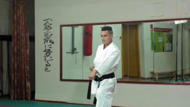 Mladý muž s svalnaté tělo, výcvik bojových umění Goju-Ryu Karate-Do — Stock video