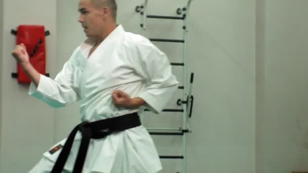 Joven con cuerpo musculoso, entrenamiento de artes marciales Goju-Ryu Karate-Do — Vídeo de stock