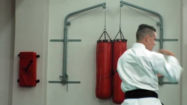 Νεαρός άνδρας με μυώδες σώμα, κατάρτισης πολεμικές τέχνες Goju-Ryu Karate-Do — Αρχείο Βίντεο