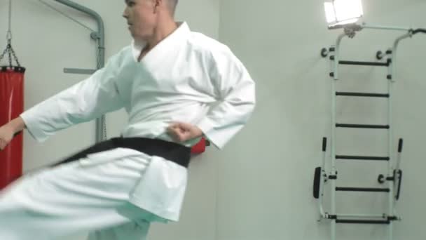 Giovane con il corpo muscoloso, la formazione di arti marziali Goju-Ryu Karate-Do — Video Stock