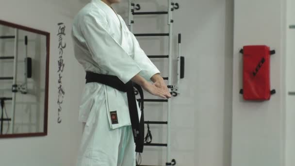 Junger Mann mit muskulösem Körper, der Kampfkunst Goju-Ryu Karate-Do trainiert — Stockvideo