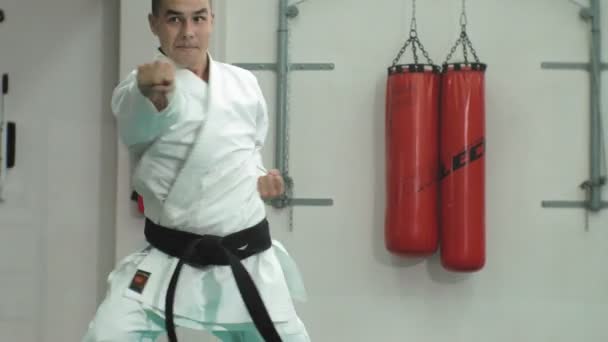 Ung man med muskulös kropp, träna kampsport Goju-Ryu Karate-Do — Stockvideo