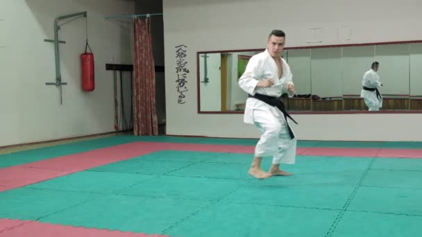 Giovane con il corpo muscoloso, la formazione di arti marziali Goju-Ryu Karate-Do super slow motion — Video Stock