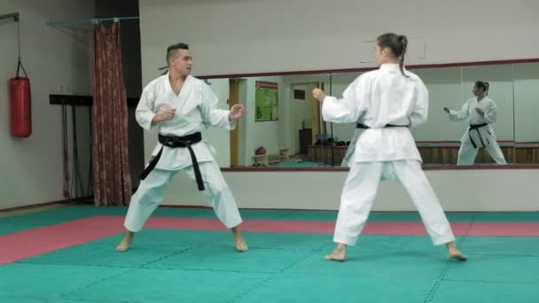 Un giovane uomo con un corpo muscoloso e una donna che pratica arti marziali Goju-Ryu Karate-Do super slow motion — Video Stock