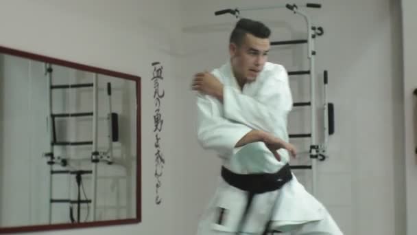 Giovane con il corpo muscoloso, la formazione di arti marziali Goju-Ryu Karate-Do — Video Stock