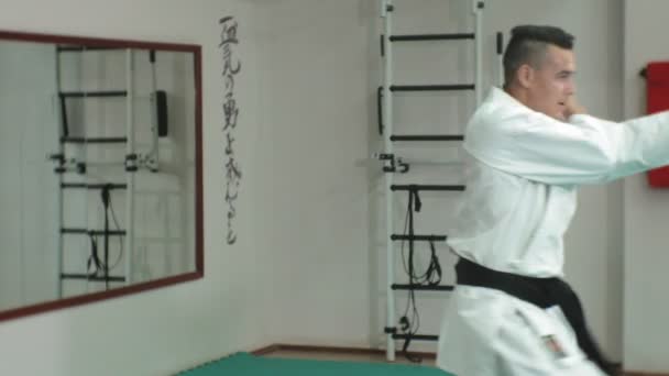 Mladý muž s svalnaté tělo, výcvik bojových umění Goju-Ryu Karate-Do — Stock video