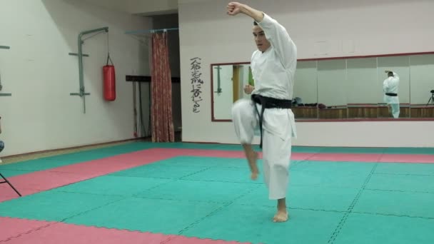 Tânăr cu corp musculos, antrenând arte marțiale Goju-Ryu Karate-Do super slow motion — Videoclip de stoc