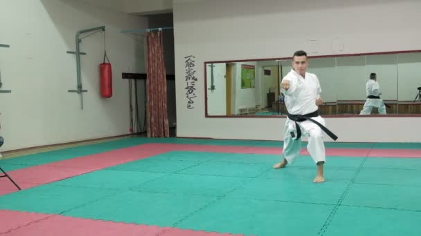 Fiatal férfi izmos test, képzés martial arts Goju-Ryu Karate-Do szuper lassú mozgás