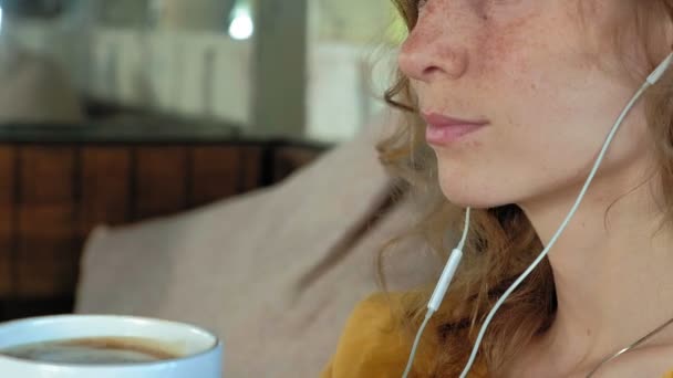 Jeune femme avec un ordinateur portable moderne assis dans un café et boire du café cappuccino — Video