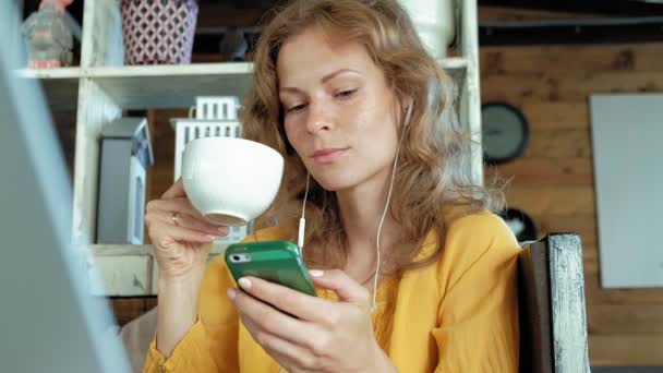 Bir kafede otururken ve kahve kapuçino içmek modern bir dizüstü bilgisayar ile genç kadın — Stok video