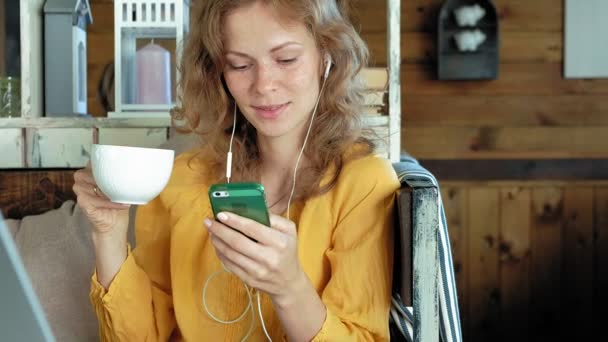 Jeune femme avec un ordinateur portable moderne assis dans un café et boire du café cappuccino — Video