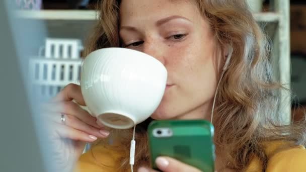 Jeune femme avec un ordinateur portable moderne assis dans un café et boire du café cappuccino — Video