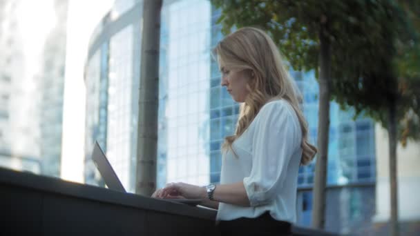 Jeune femme d'affaires travaillant sur ordinateur portable dans le centre d'affaires du parc de la ville 