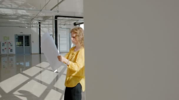 Jonge mooie zakenvrouw, bij het raam met een scans een tekening op papier — Stockvideo