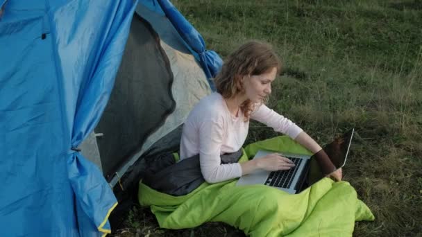 Young Woman Working Laptop Tourist Tent — Stock Video