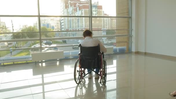 Handicappet Forretningsmand Kørestol Vindue Med Tegning Stort Ark Papir Diskuterer – Stock-video