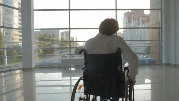 Disabled businessman on a wheelchair at a window uses smartphone — Stock Video