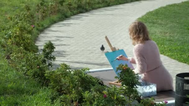 A pretty woman with red hair, paints a picture on canvas, which stands on the easel. The lady is in the open air near the lake of the river, she draws from life — Stock Video