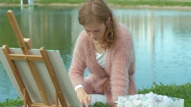 Une jolie femme aux cheveux roux, peint un tableau sur toile, qui se dresse sur le chevalet. La dame est en plein air près du lac de la rivière, elle puise dans la vie — Video