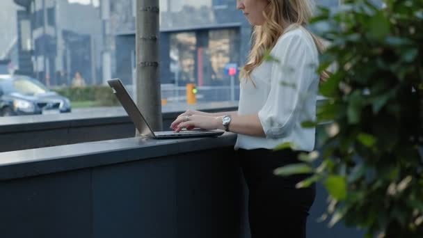 Joven mujer de negocios que trabaja en el ordenador portátil en el centro de negocios del parque de la ciudad — Vídeo de stock