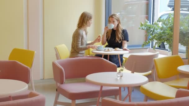 Kahve içme ve gülüyor kek pasta yeme bir kafe restoranda oturan iki kadın — Stok video