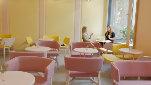 Two women sitting in a cafe restaurant eating cakes eclair drinking coffee and laughing — Stock Video