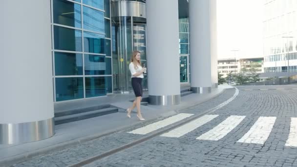 Joven mujer de negocios está paseando en el centro de negocios del parque de la ciudad — Vídeos de Stock