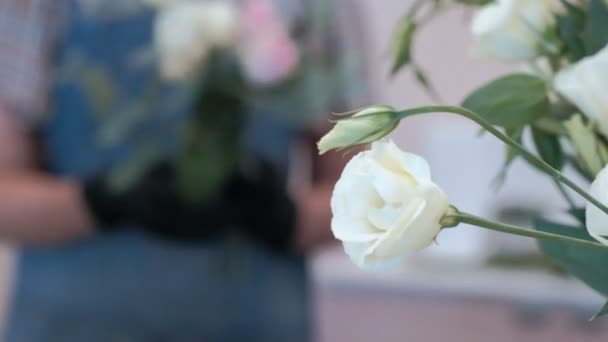 Florista prepara um buquê de flores para venda — Vídeo de Stock