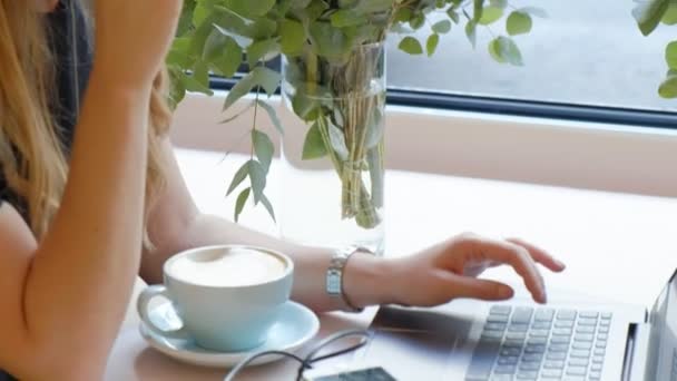 Mulher de negócios sentada a uma mesa em um café bebendo café e trabalhando em um laptop — Vídeo de Stock