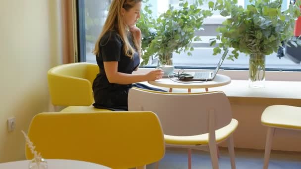 Business woman sitting at a table in a cafe drinking coffee and working on a laptop — Stock Video