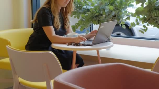 Ділова жінка сидить за столом у кафе п'є каву і працює на ноутбуці — стокове відео