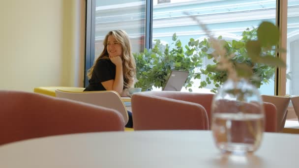 在咖啡馆里坐着的女商人喝咖啡, 在笔记本电脑上工作 — 图库视频影像