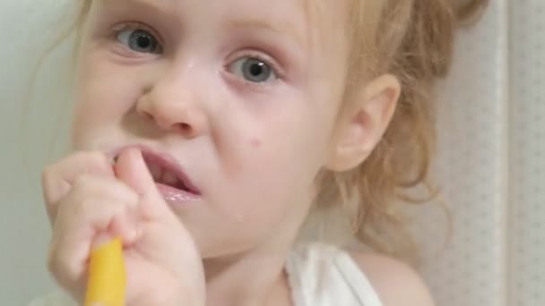 Маленькая девочка старательно чистила его зубы в зеркале . — стоковое видео