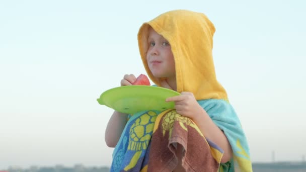 Bonne petite fille mangeant des tranches de pastèque sur la plage. Pique-nique vacances d'été en plein air . — Video