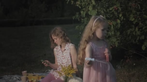 Een gelukkige moeder en dochter opblazen zeepbellen. Familie in een stadspark op een picknick op een warme avond bij zonsondergang. — Stockvideo