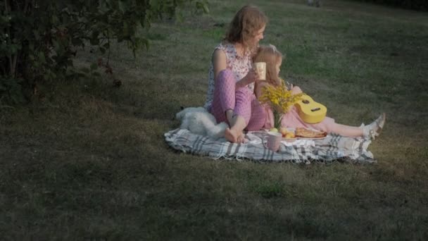 En glad mor och dotter spelar på ukulele. Familjen i en park på en picknick på en varm kväll vid solnedgången. — Stockvideo